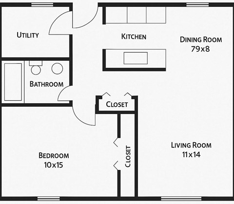 Floor plan for 1 bed, 1 bath, 672 sqft